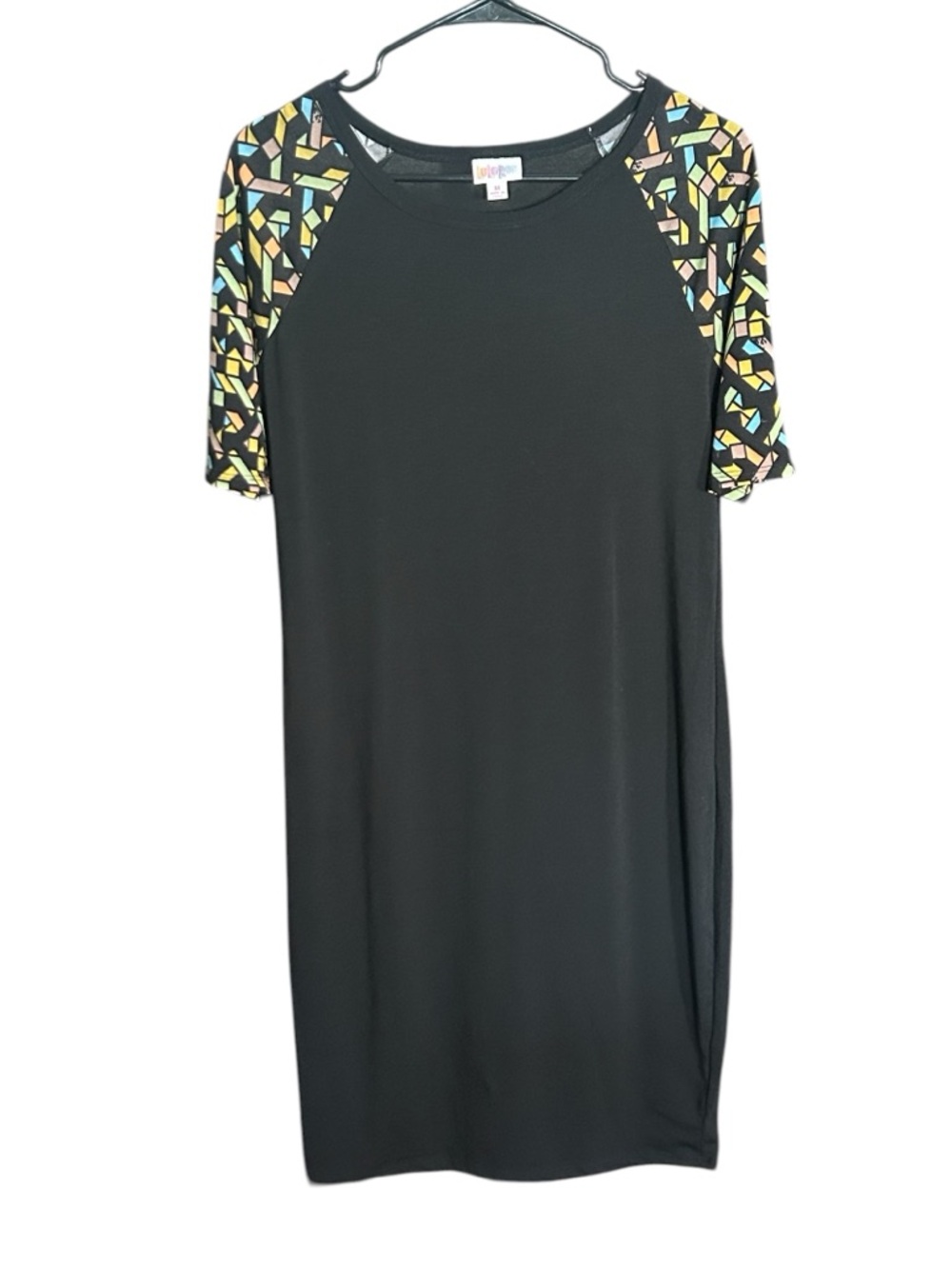 LuLaRoe Black Dress with Multicolor Geometric Sleeves